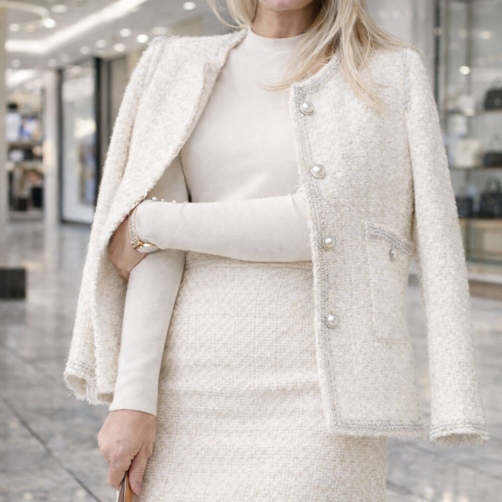 NWT Zara Tweed Textured Boucle Pearl Buttons Jacket With Silver Trim